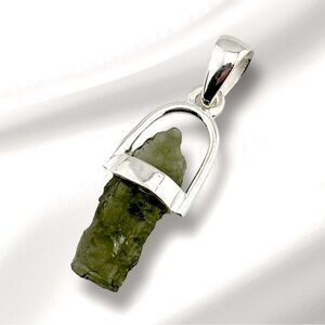 Moldavite Czech Republic Large Raw Natural Solid Sterling Silver Pendant